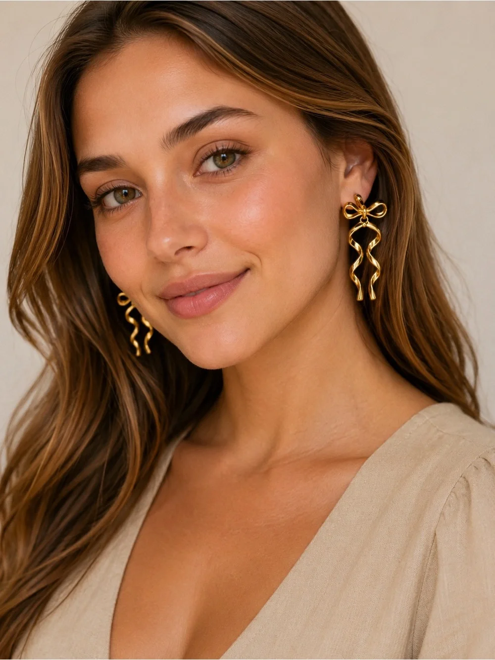 NEW Gold Tone Bow Ribbon Drop Earrings Coquette Statement Dangle Earrings